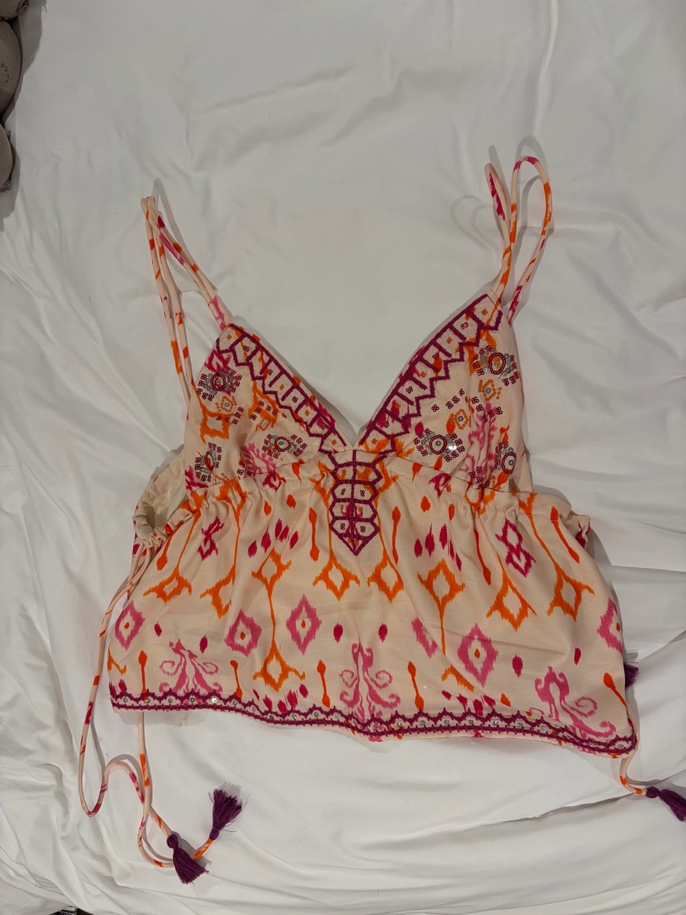 Embroidered Spaghetti-Strap Crop Top in Cream with Pink & Orange